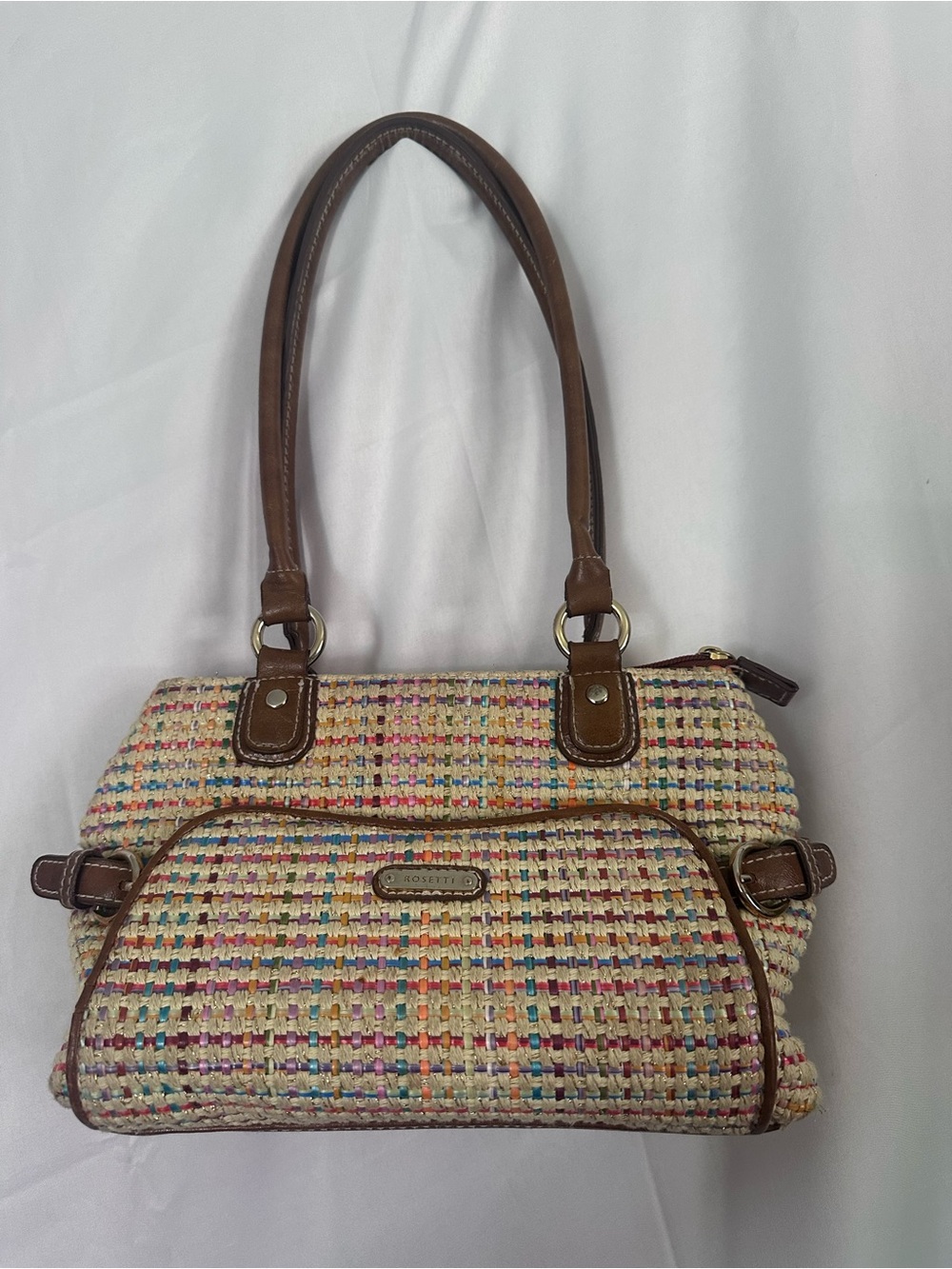 Rosetti Multicolor Woven Shoulder Bag with Brown Trim